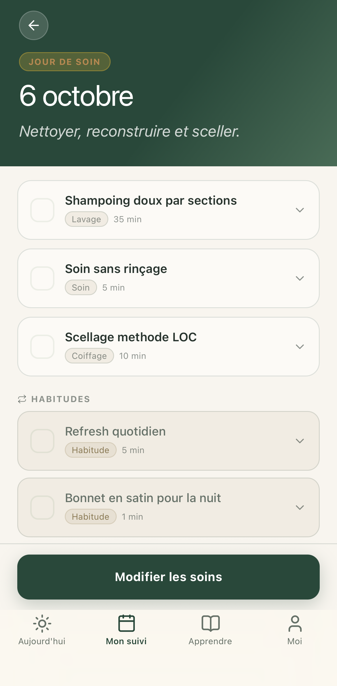 TEXA : programme du jour de soin, gestes et durées.