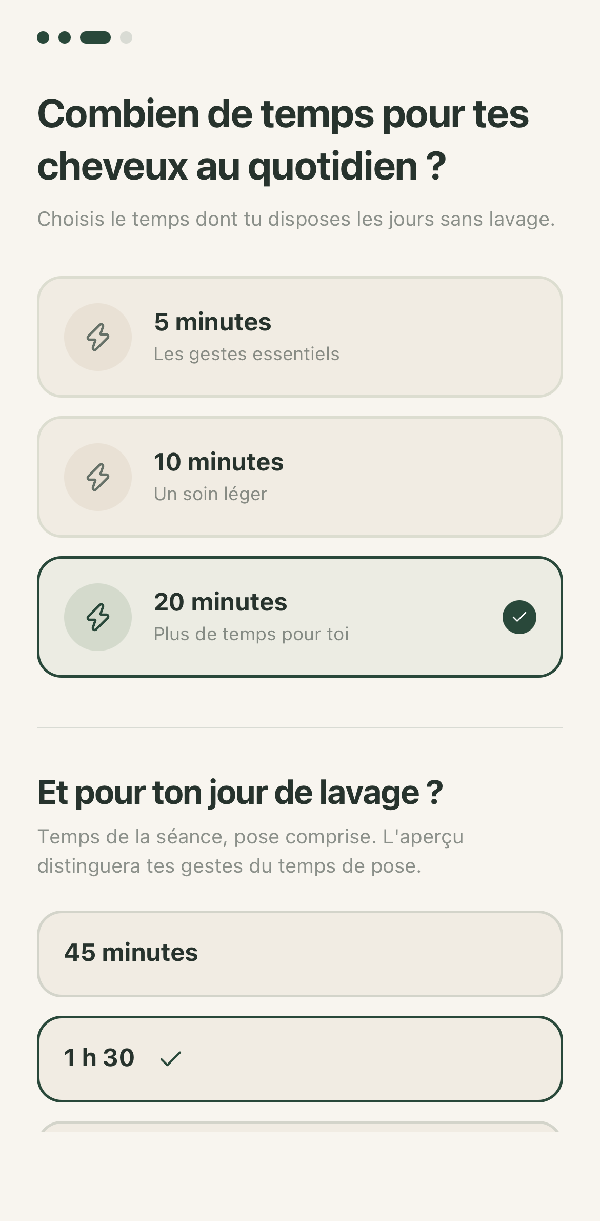 Capture TEXA : choix du temps disponible au quotidien puis le jour du lavage, temps de pose compris.